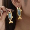 SHEIN A Pair Of Blue Retro Crucian Carp Earrings, ZAA Series, Exquisite