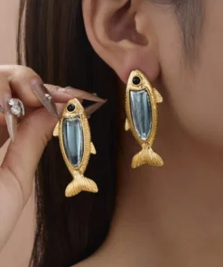 SHEIN A Pair Of Blue Retro Crucian Carp Earrings, ZAA Series, Exquisite