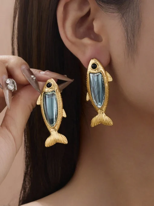 SHEIN A Pair Of Blue Retro Crucian Carp Earrings, ZAA Series, Exquisite