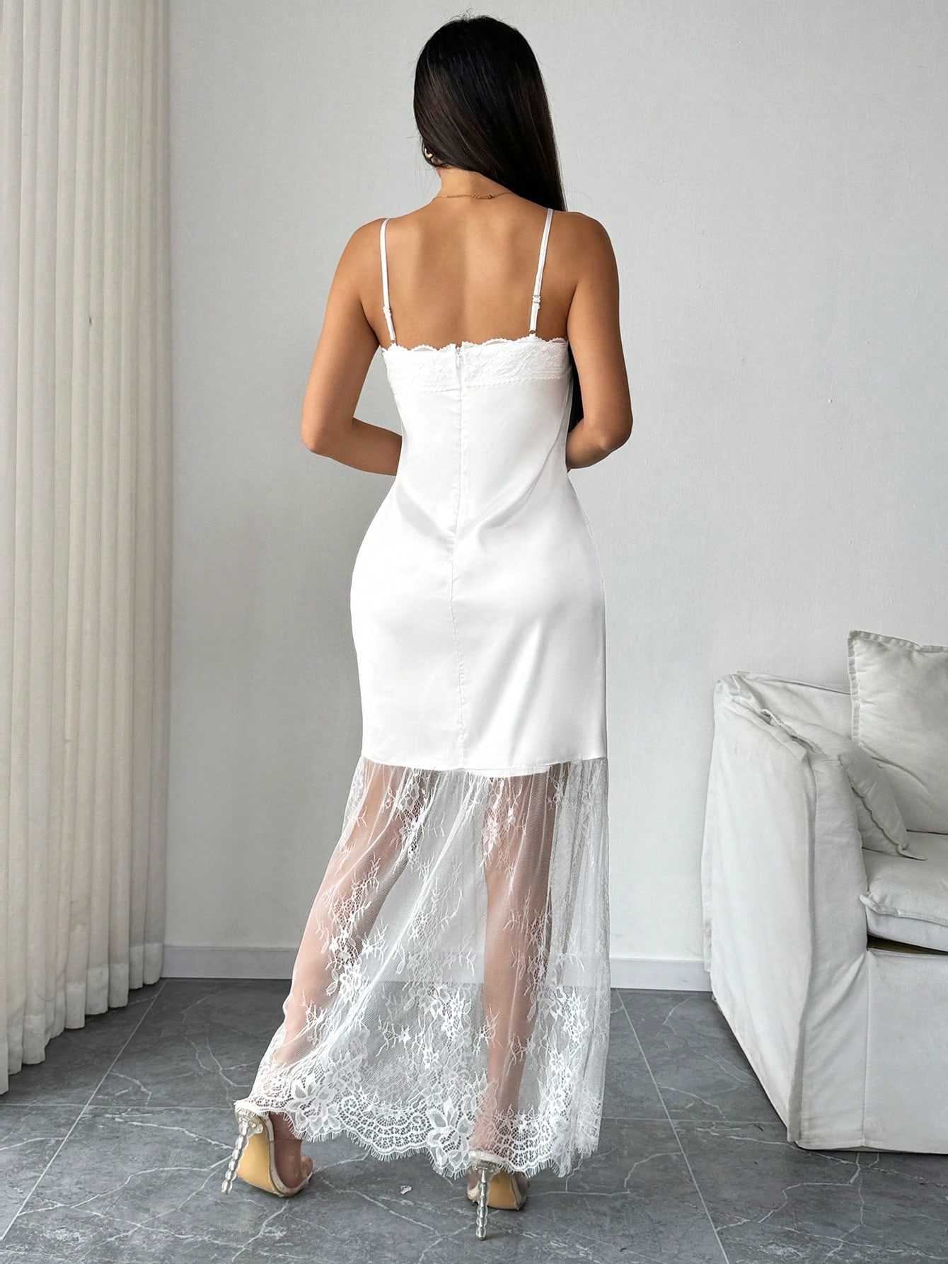 SHEIN Chiquease Women's Elegant Solid Color Lace Panel Slip Dress - Image 2