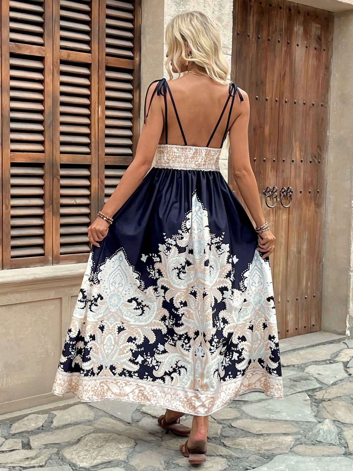 SHEIN Chiquease Women's Vacation Beach Deep V Halter Tie Neck Backless Retro Print Dress - Image 2