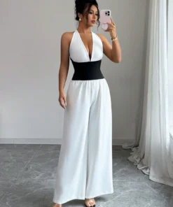 SHEIN Elenzga Sleeveless Halter Ruched Colorblock Elegant & Romantic Jumpsuit