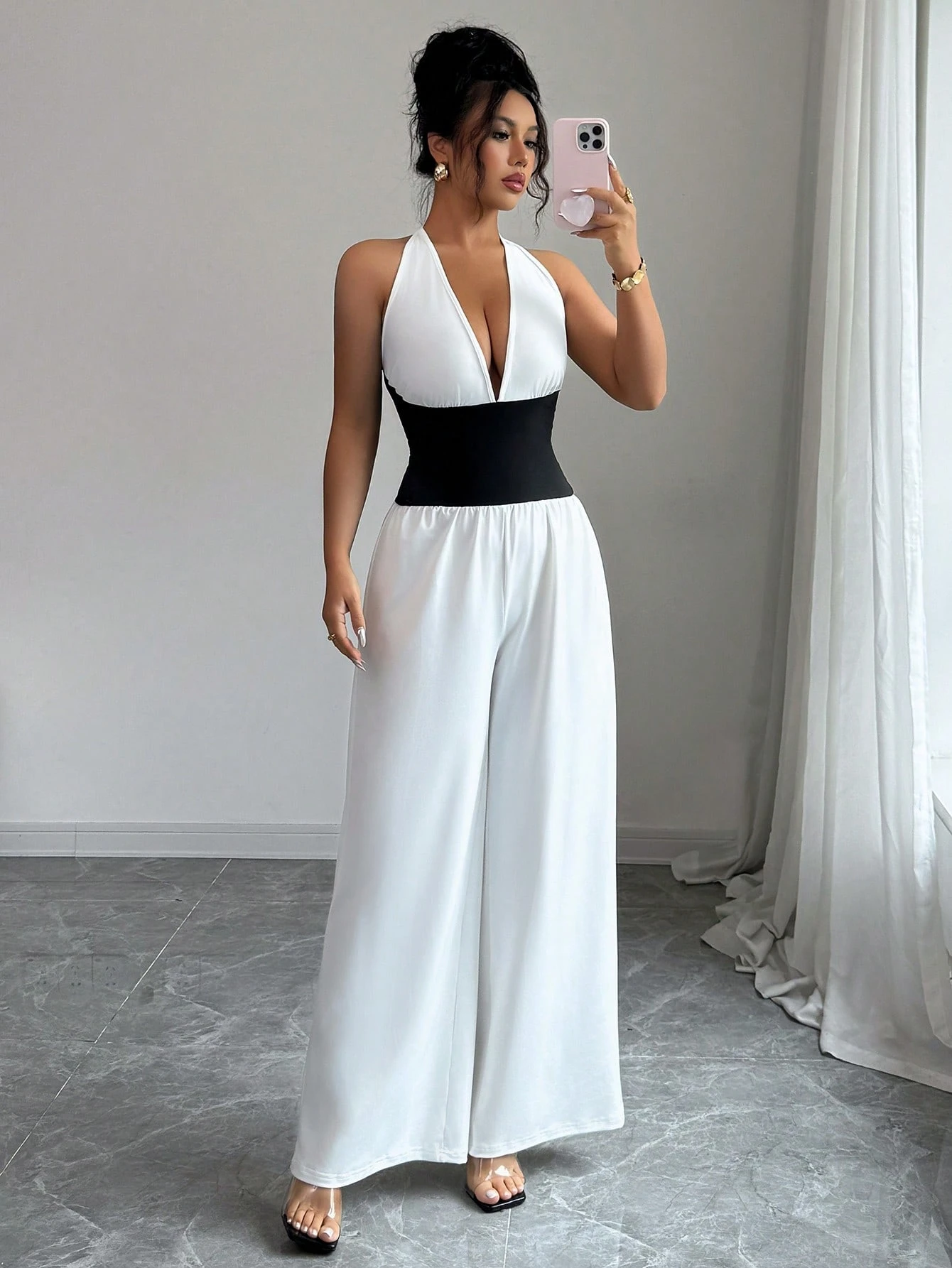 SHEIN Elenzga Sleeveless Halter Ruched Colorblock Elegant & Romantic Jumpsuit