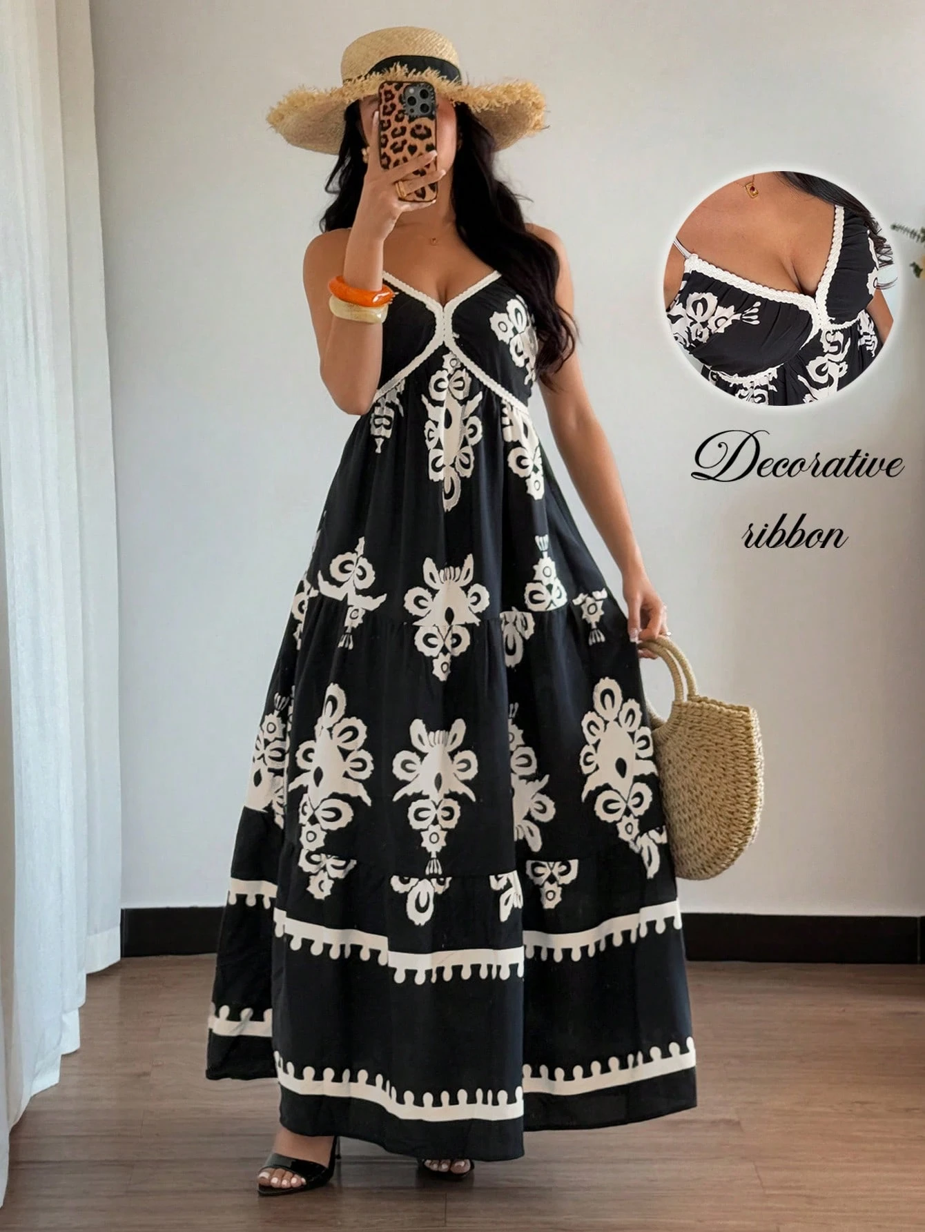 SHEIN Elenzga Women's Bohemia Style V-Neck Sleeveless Floral Print Ruffled Waist A-Line Dress