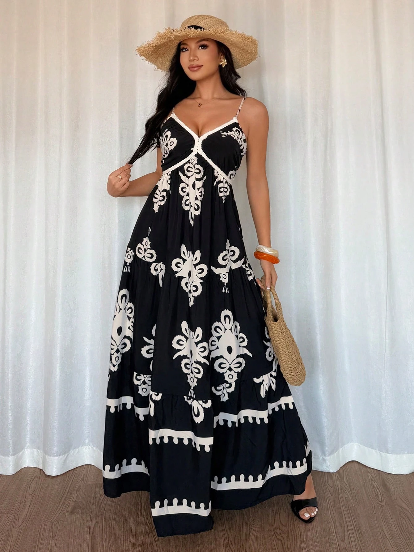 SHEIN Elenzga Women's Bohemia Style V-Neck Sleeveless Floral Print Ruffled Waist A-Line Dress - Image 3