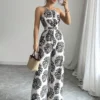 SHEIN Elenzga Women's Printed Cinching Waist Knot Cinched Waist Wide Leg Jumpsuit