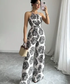 SHEIN Elenzga Women's Printed Cinching Waist Knot Cinched Waist Wide Leg Jumpsuit