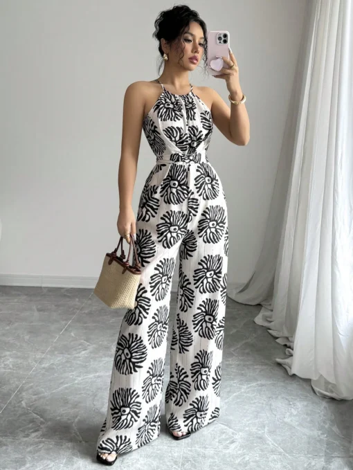 SHEIN Elenzga Women's Printed Cinching Waist Knot Cinched Waist Wide Leg Jumpsuit