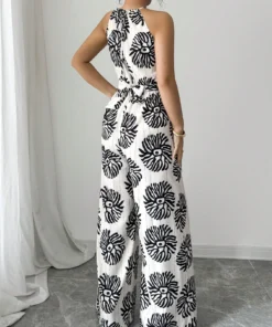 Alternative view of SHEIN Elenzga Women's Printed Cinching Waist Knot Cinched Waist Wide Leg Jumpsuit