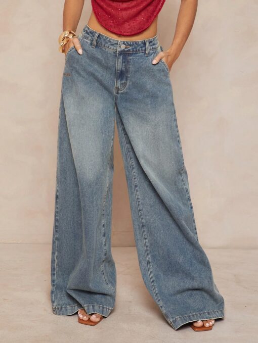 SHEIN Lumalex Fall Modest Old Money Coquette Embroidery Letter Mid-Waist Washed