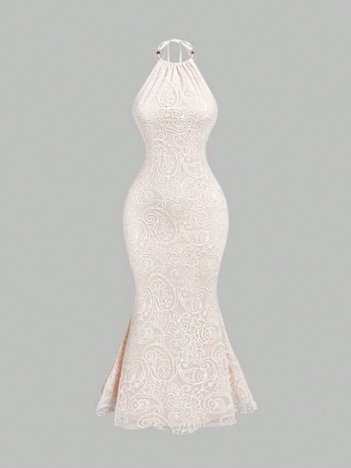 SHEIN MOD Women's Beaded String Paisley Lace Halter Mermaid Dress