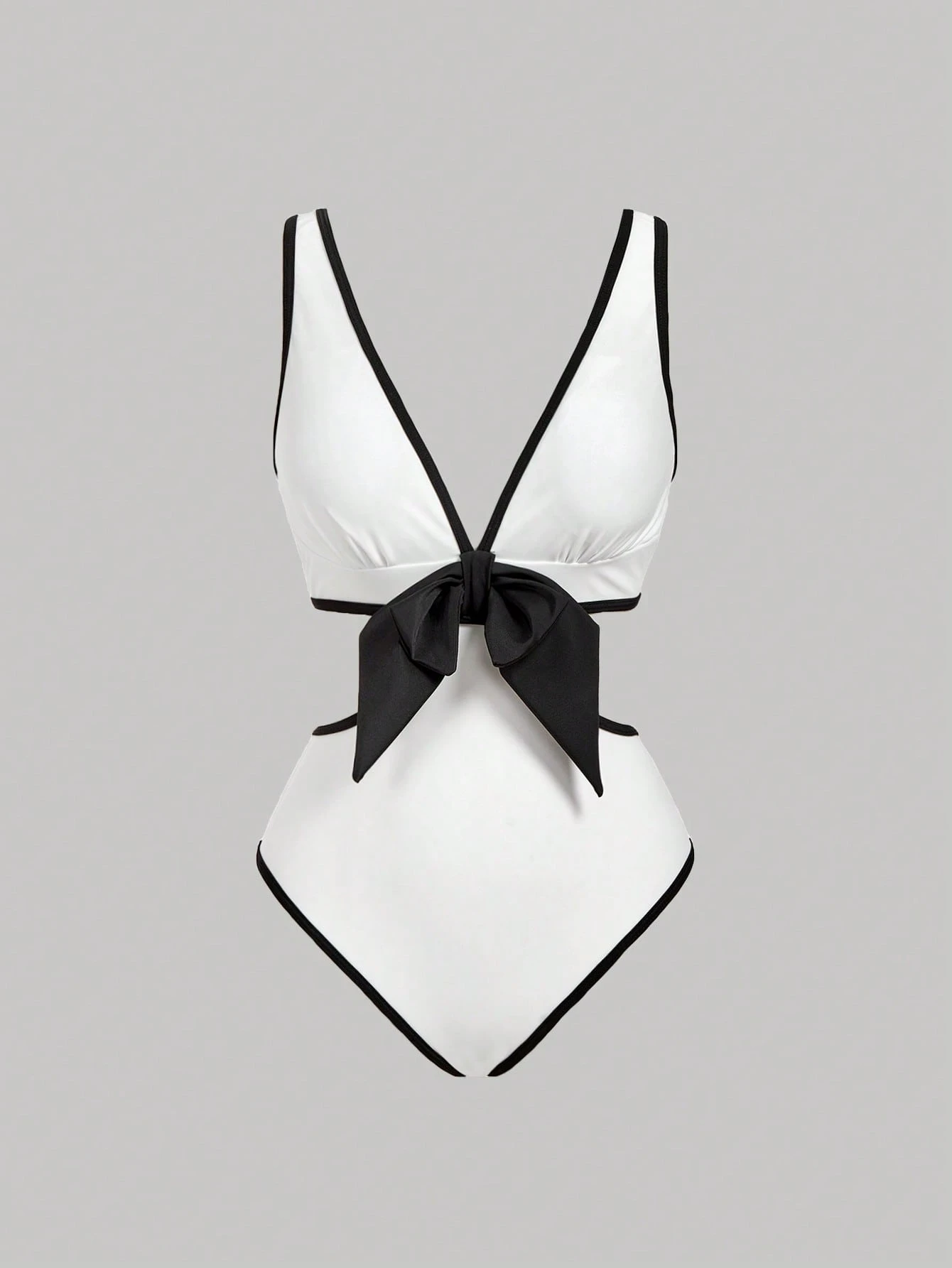 SHEIN MOD Elegant Minimalist Black & White Contrast Bowknot One-Piece Swimsuit