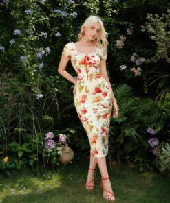 SHEIN MOD Front Ruffle Lace Up Fruit Print Cute Casual Dress