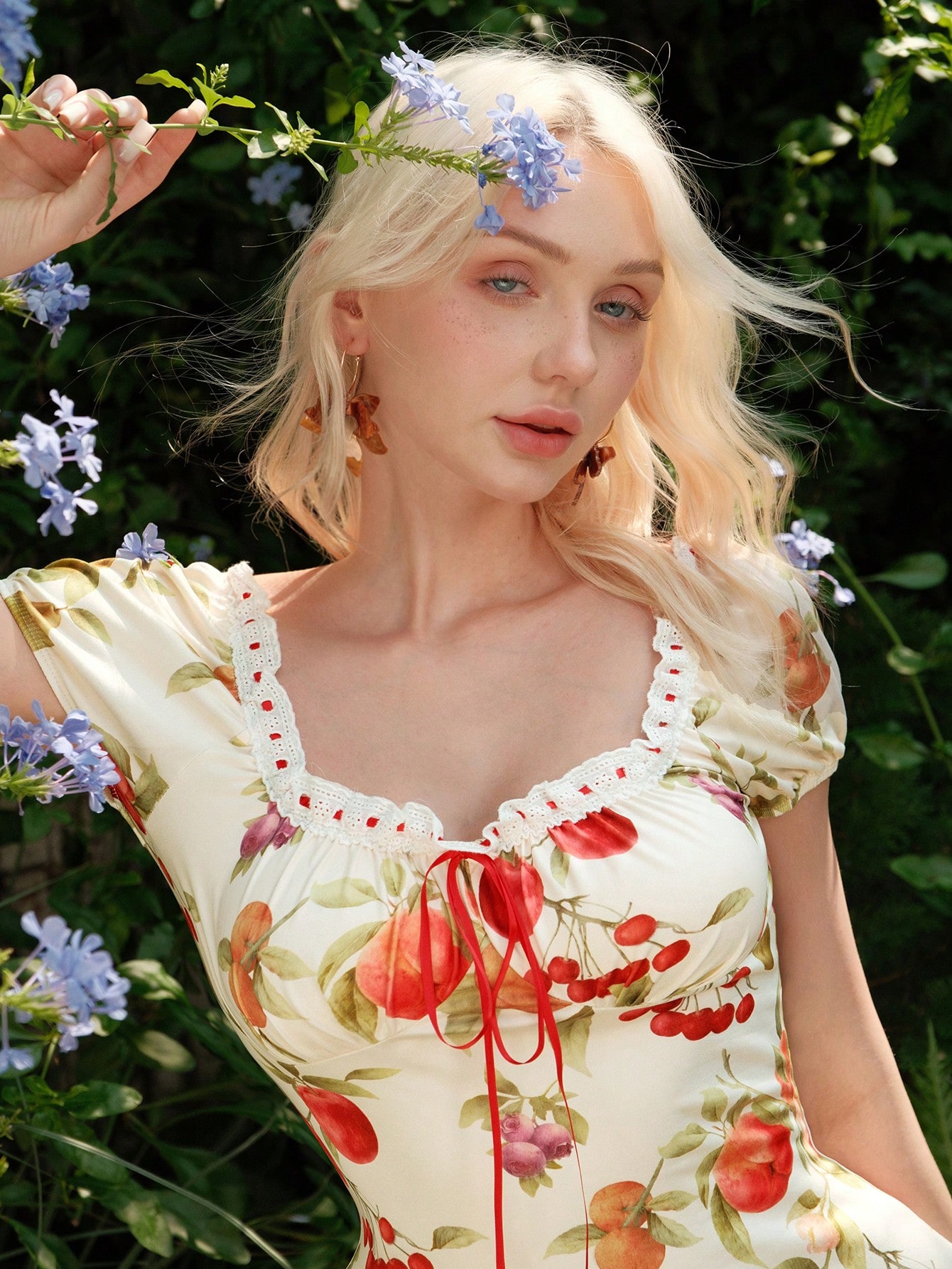 SHEIN MOD Front Ruffle Lace Up Fruit Print Cute Casual Dress - Image 4