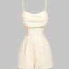 SHEIN MOD Women's Apricot Solid Color Draped Neck Pleated Jumpsuit