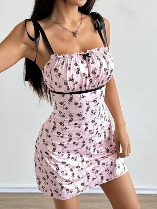 SHEIN PETITE Women Sexy Tie Waist Ditsy Floral Camisole Dress