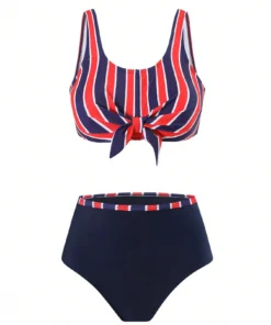 SHEIN Swim 2pcs/Set Women Striped Random Print Front Cross Triangle Bikini Swimwear Set