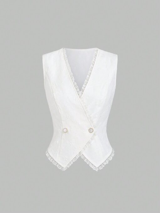 SHEIN Sweetra Premium Sleeveless Blazer Jacket For Women, Elegant Office Lace Patchwork Business Vest
