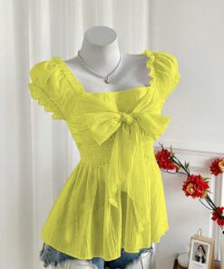SHEIN Sweetra Summer Sweet & Sexy Diva Bow Decor Short Sleeve Chiffon Blouse
