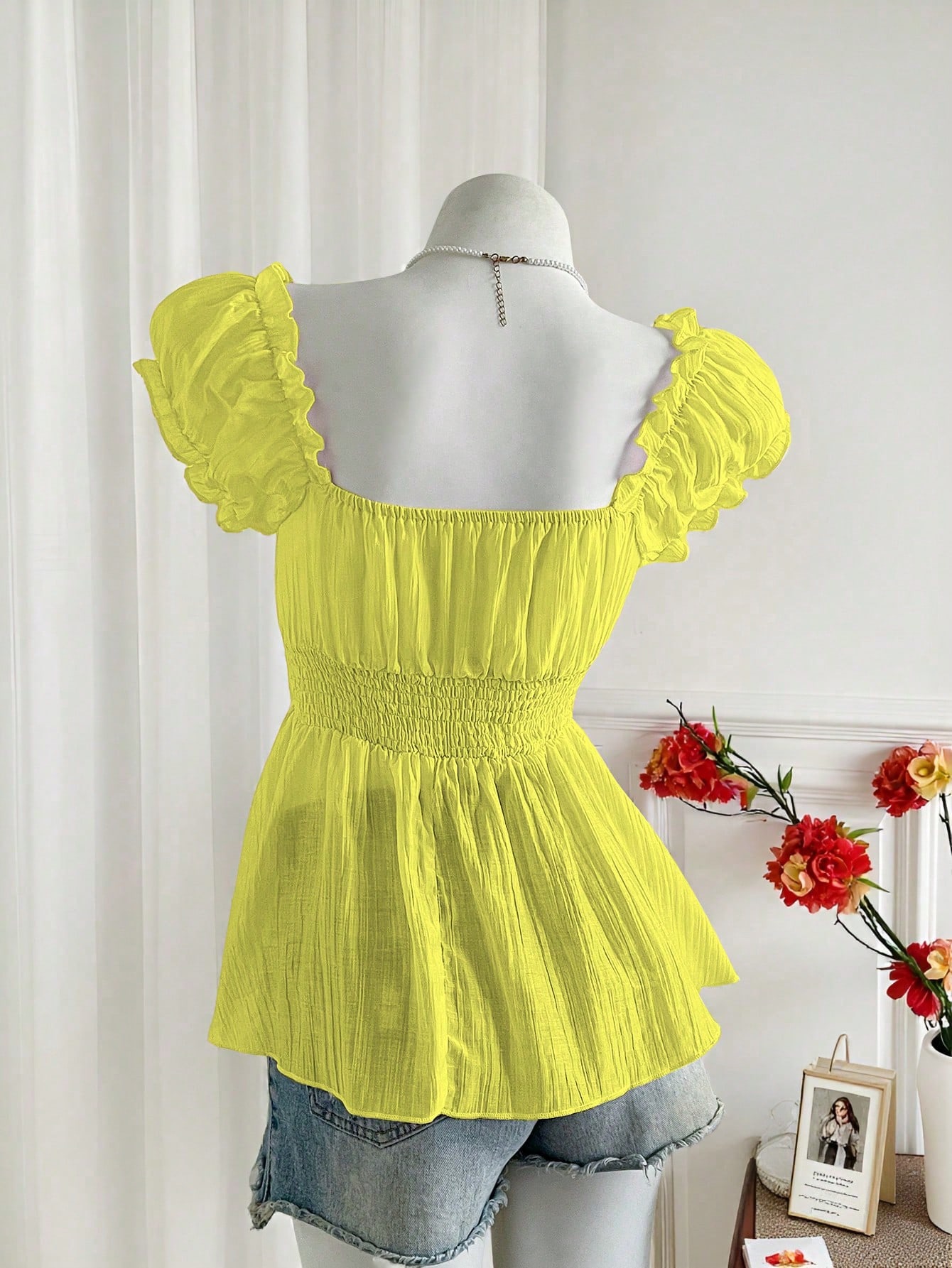 SHEIN Sweetra Summer Sweet & Sexy Diva Bow Decor Short Sleeve Chiffon Blouse - Image 2