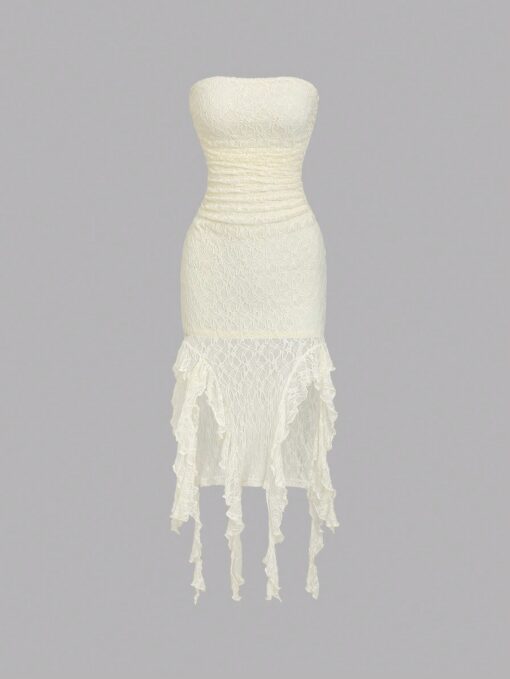 SHEIN Sweetra Women Ruffle Layered Lace Bodycon Midi Dress