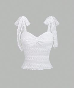 SHEIN Sweetra Women's New Sexy Elegant White Lace Tie-Up Bowknot Spaghetti Strap Fitted Tank Top
