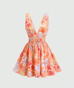 SHEIN Sweetra Women's New Spring Summer V-Neck Waist Ruched Full Floral Print A-Line Mini Dress