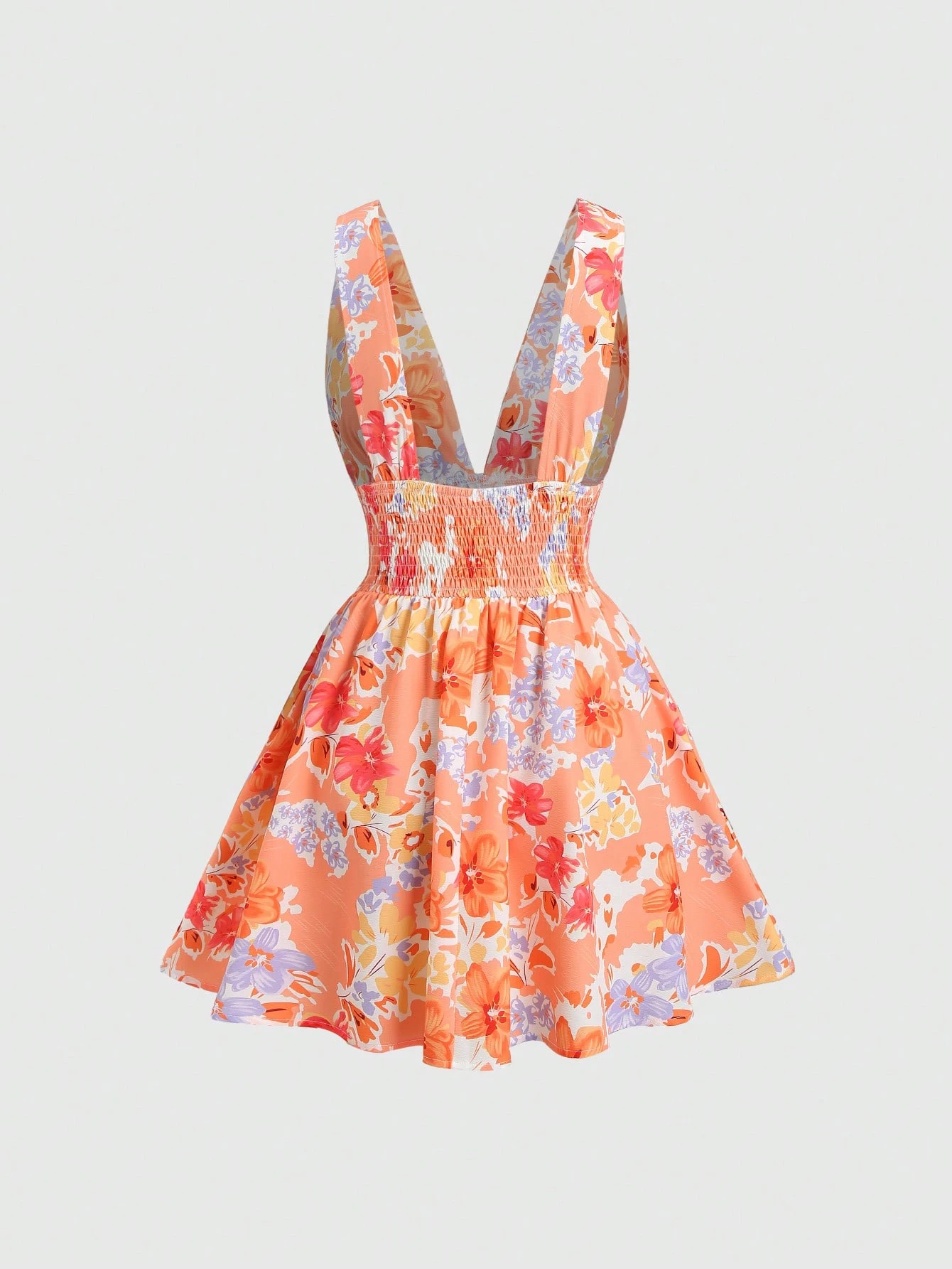 SHEIN Sweetra Women's New Spring Summer V-Neck Waist Ruched Full Floral Print A-Line Mini Dress - Image 2