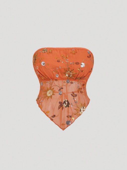 SHEIN Sweetra Women's Sexy Crop Top Tank, Orange, Sequins Embroidery, Slim Fit