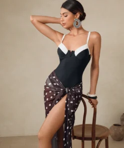 SHEIN Swim Oasis 1pc Elegant Black & White Polka Dot Push-Up One Piece Swimsuit