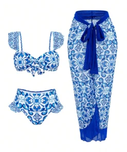 Alternative view of SHEIN Swim Oasis 3pcs/Set Women Knit Swimwear With Ruffled Spaghetti Strap Backless Top