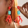SHEIN imoli 1 Pair Bohemian Long Beach Style Polyresin Coral & Synthetic Turquoise Pendant Earrings