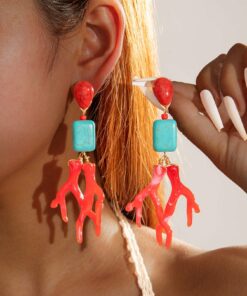 SHEIN imoli 1 Pair Bohemian Long Beach Style Polyresin Coral & Synthetic Turquoise Pendant Earrings