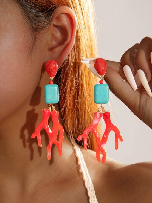 SHEIN imoli 1 Pair Bohemian Long Beach Style Polyresin Coral & Synthetic Turquoise Pendant Earrings