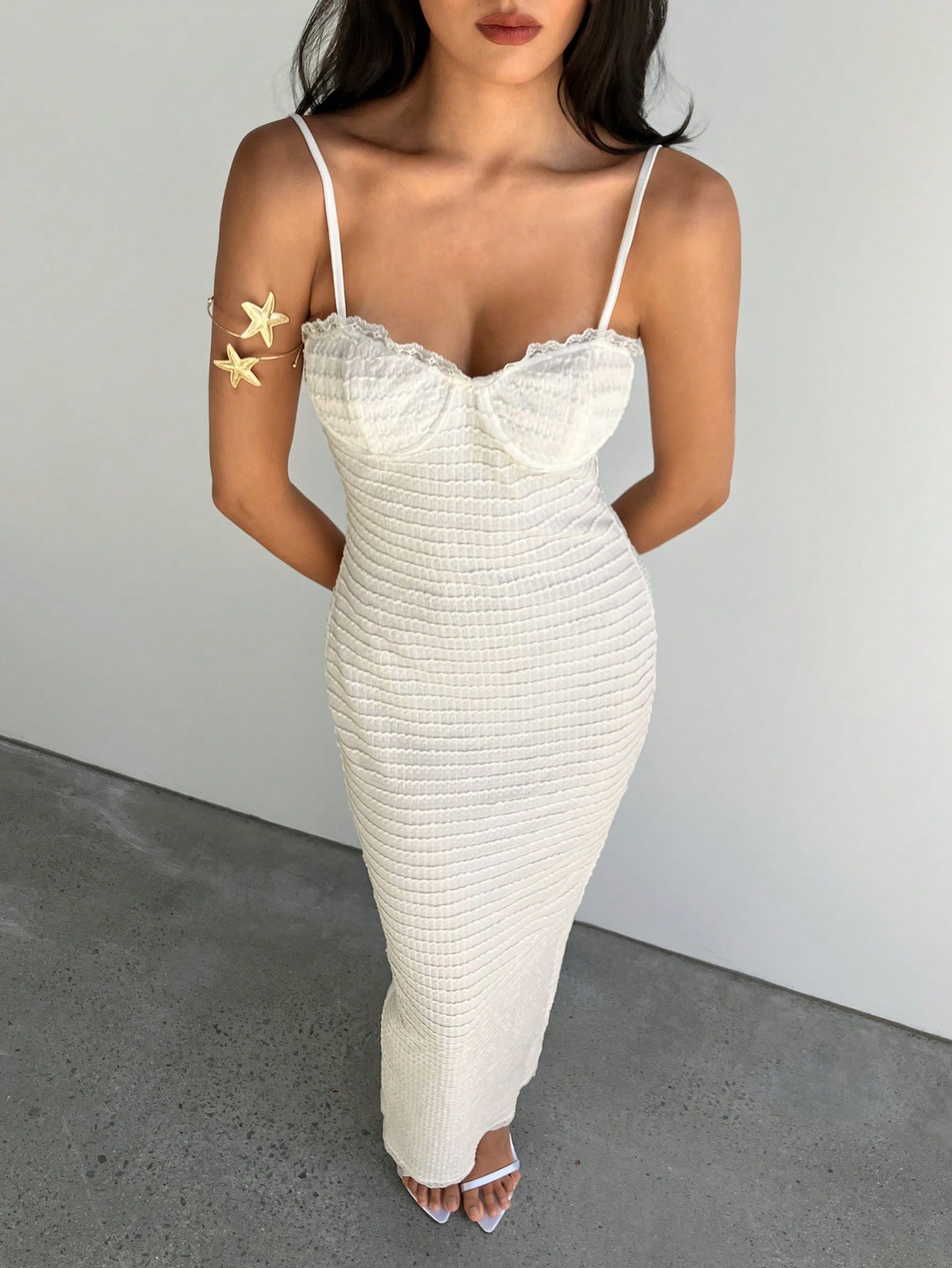 SHEIN Aloruh Elegant Apricot Color Spaghetti Strap Slim Long Dress - Image 3