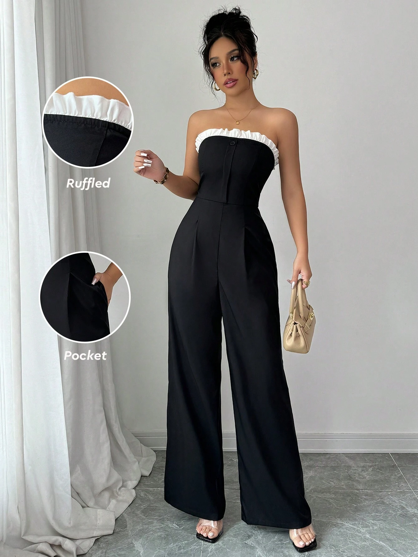 SHEIN Elenzga Women's Jumpsuit With Ruffled Halter, Pockets And Wide Legs