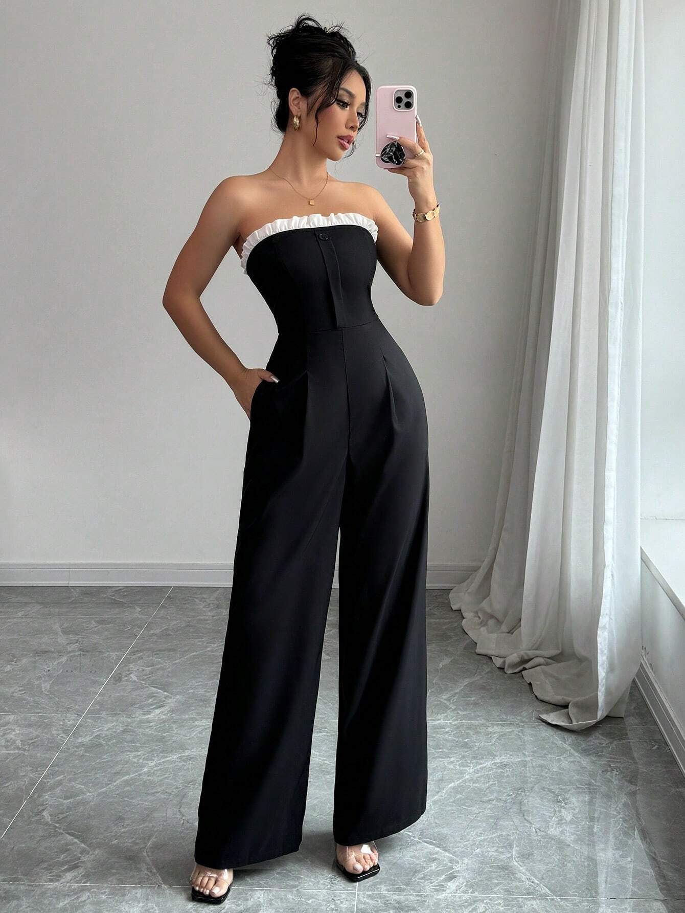 SHEIN Elenzga Women's Jumpsuit With Ruffled Halter, Pockets And Wide Legs - Image 3