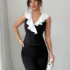 SHEIN Elenzga Women's Ruffled Collar Color Block Design Thin Summer Blazer