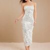 L'Amorae Elegant Strapless Sequin Foldover Fitter Summer Vacation Midi Dress
