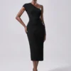 SHEIN Lumivelle Black Long Textured Dress, New Fashion Slanted Shoulder