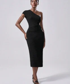 SHEIN Lumivelle Black Long Textured Dress, New Fashion Slanted Shoulder