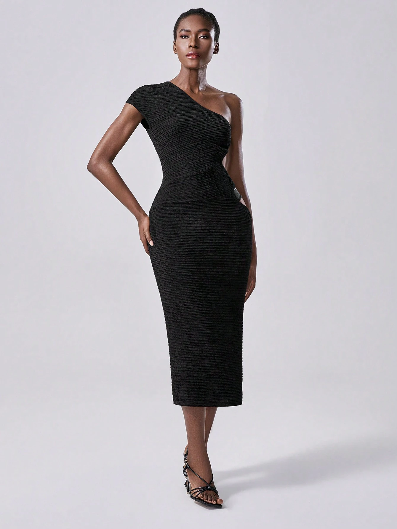 SHEIN Lumivelle Black Long Textured Dress, New Fashion Slanted Shoulder