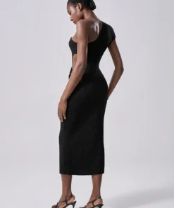 Alternative view of SHEIN Lumivelle Black Long Textured Dress, New Fashion Slanted Shoulder