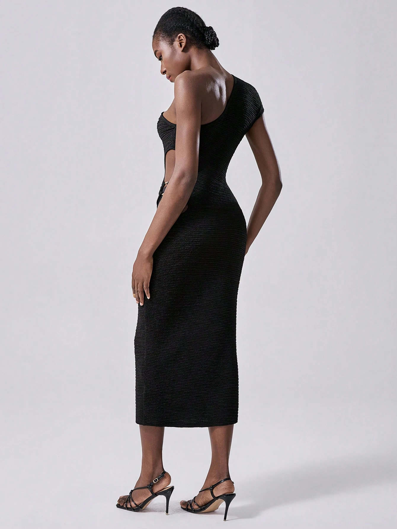 SHEIN Lumivelle Black Long Textured Dress, New Fashion Slanted Shoulder - Image 2