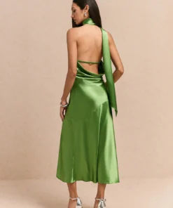 Alternative view of SHEIN Poéselle Green Elegant Dress,Women's Solid Color High Slit Backless Dress