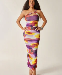 SHEIN Vixey Fully Lined Floral Print Mesh One Shoulder Ruched Maxi Dress