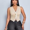 SHEIN SOLERSUN Women's Commuting Apricot White Contrast Two Tone Button Front Vest Blazer