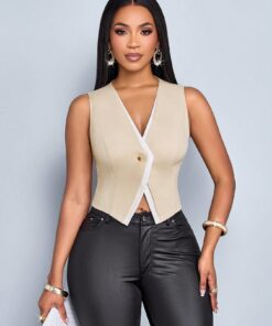 SHEIN SOLERSUN Women's Commuting Apricot White Contrast Two Tone Button Front Vest Blazer