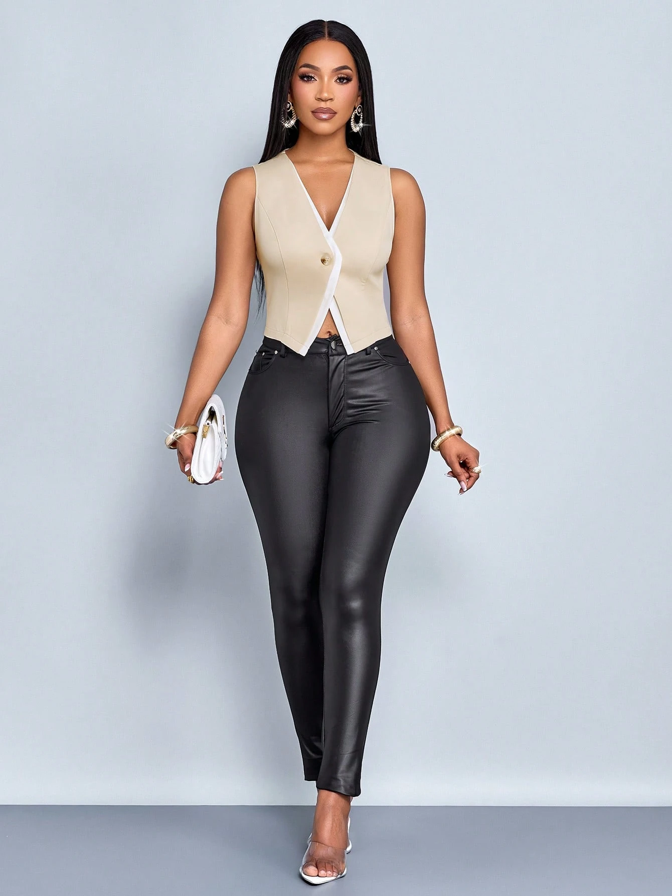 SHEIN SOLERSUN Women's Commuting Apricot White Contrast Two Tone Button Front Vest Blazer - Image 3