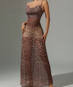 SHEIN Women's Sexy Sheer Leopard Print Fishtail Hem Cami Dress